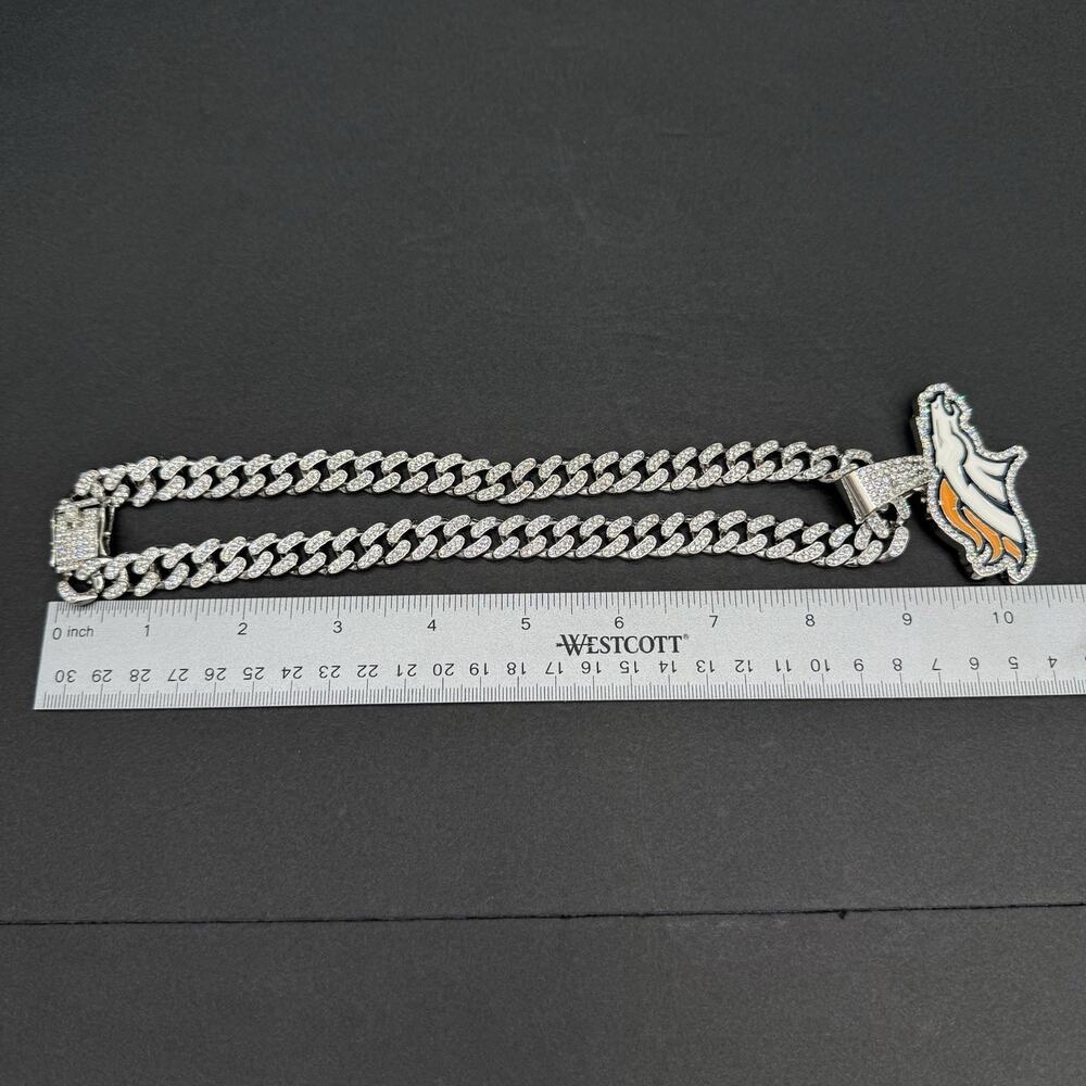 Denver Broncos Cuban Chain 18” Iced Out Pendant Silver Bling NFL Fan Necklace - Picture 7 of 8
